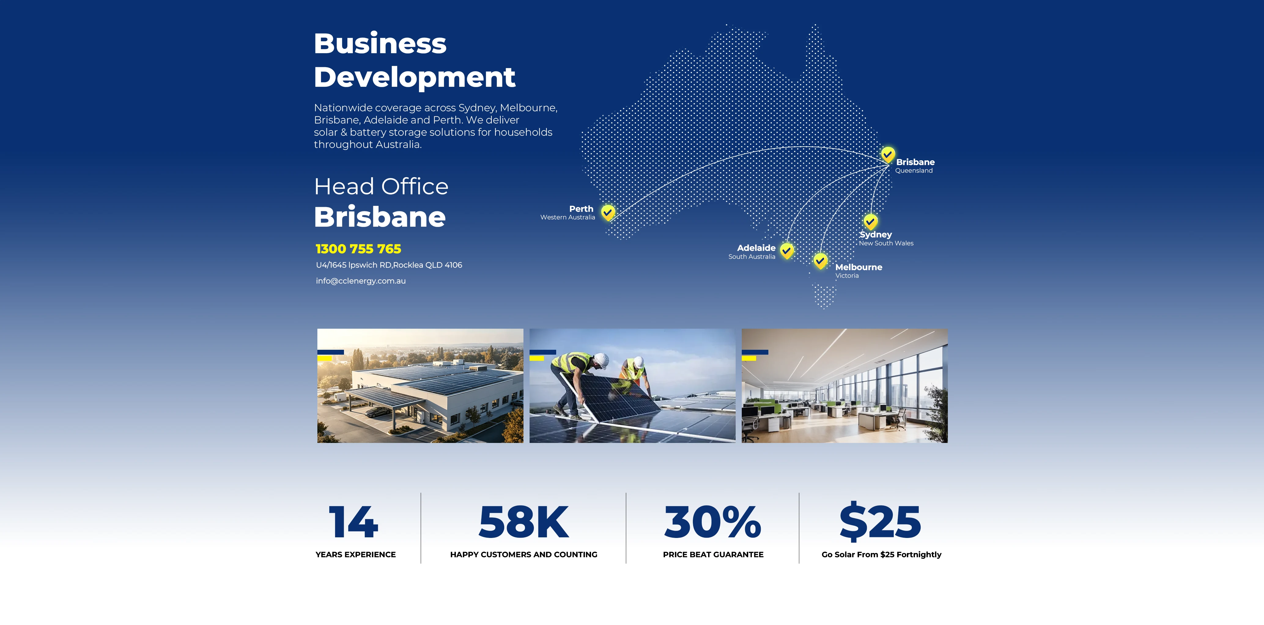 Business Development · Brisbane head office · Australia coverage · office photos · company statistics